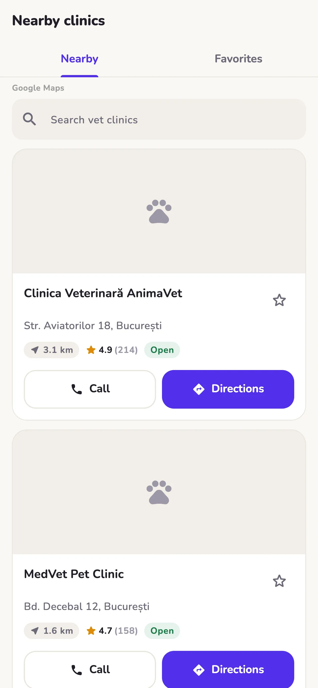 Nearby vet clinics with ratings, opening status, and one-tap call and directions buttons